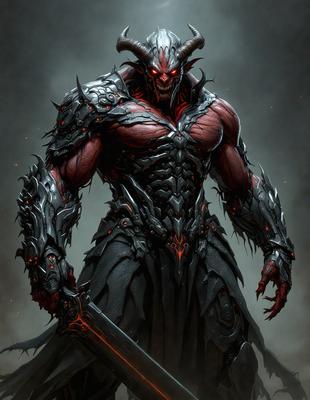 The primary subject of the image is a demonic character, possibly a demon or a devil, with a menacing and evil appearance. The character is wearing a black and red costume, and it is holding a large sword. The setting appears to be a dark and ominous environment, possibly a demonic or hellish realm. The visual style of the image is digital art, with a detailed and intricate design. The colors and mood of the image are predominantly dark and intense, reflecting the demonic nature of the character.